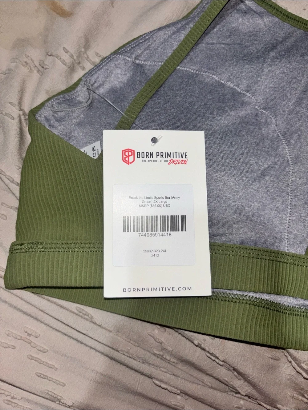 Born Primitive Break the Limits Ribbed Sports Bra Army Green 2XL NWT